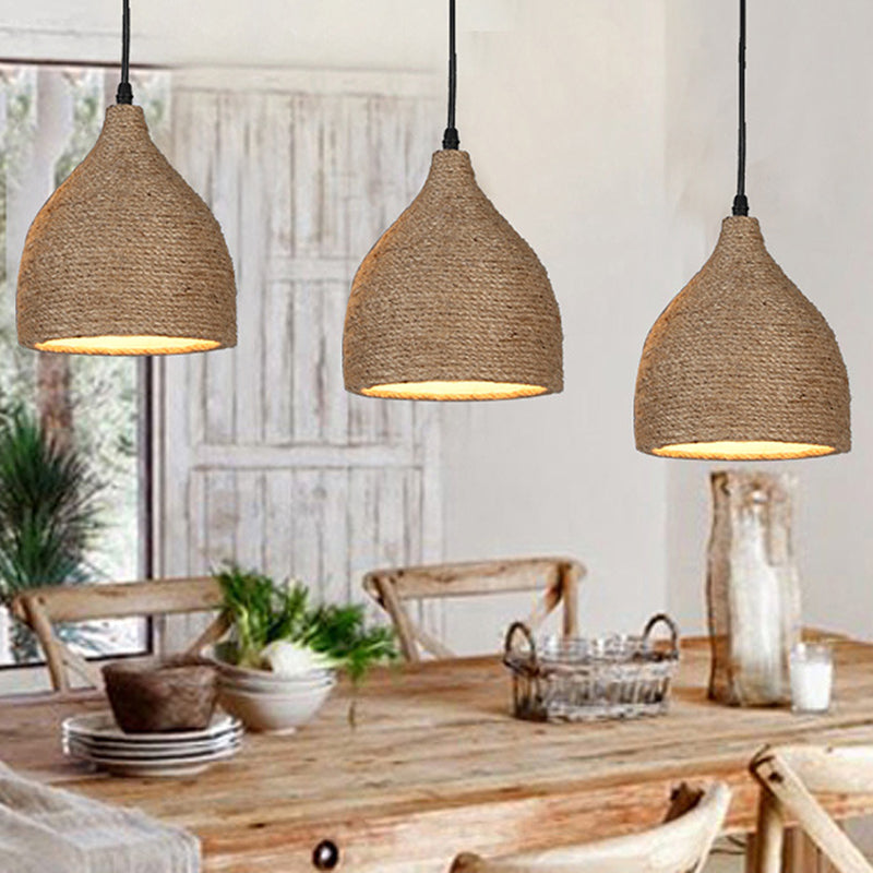 Cup-Shaped Dinning Room Hanging Light Fixture Industrial Rope Beige Pendant Lighting Fixture