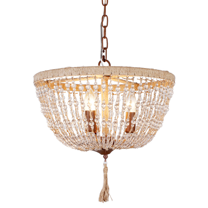 Lodge Style Bowl Chandelier Lamp Clear Crystal Bead 3 Lights Hanging Pendant Light with Rope Detail in Brown