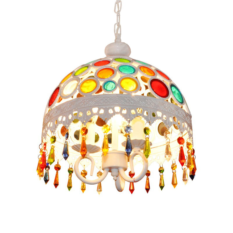 3 luces iluminación de lámpara de domo con lámpara colgante de bohemia de cuentas de cristal múltiples en acabado blanco
