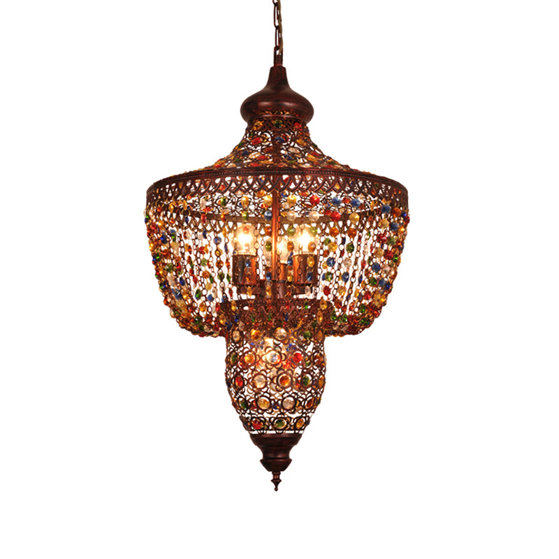 4 Lights Crystal Gem Pendant Light with Metal Shade Bohemia Hanging Ceiling Light in Weathered Copper