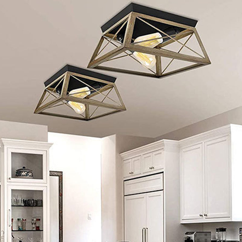 Square Dinning Room Flush Ceiling Light Fixture Industrial Metal Close To Ceiling Lighting