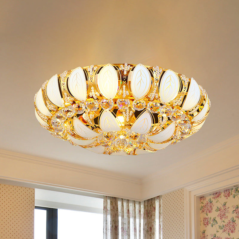 23.5 "/31.5" W Round Flush Ceiling Light Contemporary Crystal und Glas Deckenleuchte mit Blattmuster in Gold