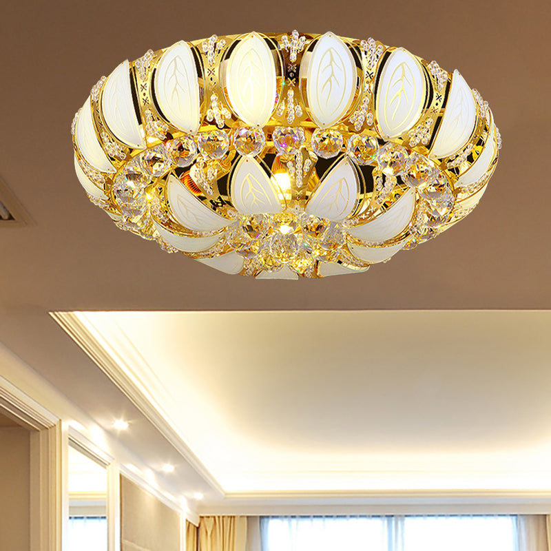 23.5 "/31.5" W Round Flush Ceiling Light Contemporary Crystal und Glas Deckenleuchte mit Blattmuster in Gold