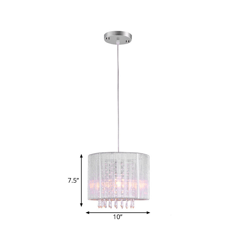 Lámpara colgante de tambor de tela blanca con prisma cristalino transparente 1 lámpara de luz de luz 1 en plata
