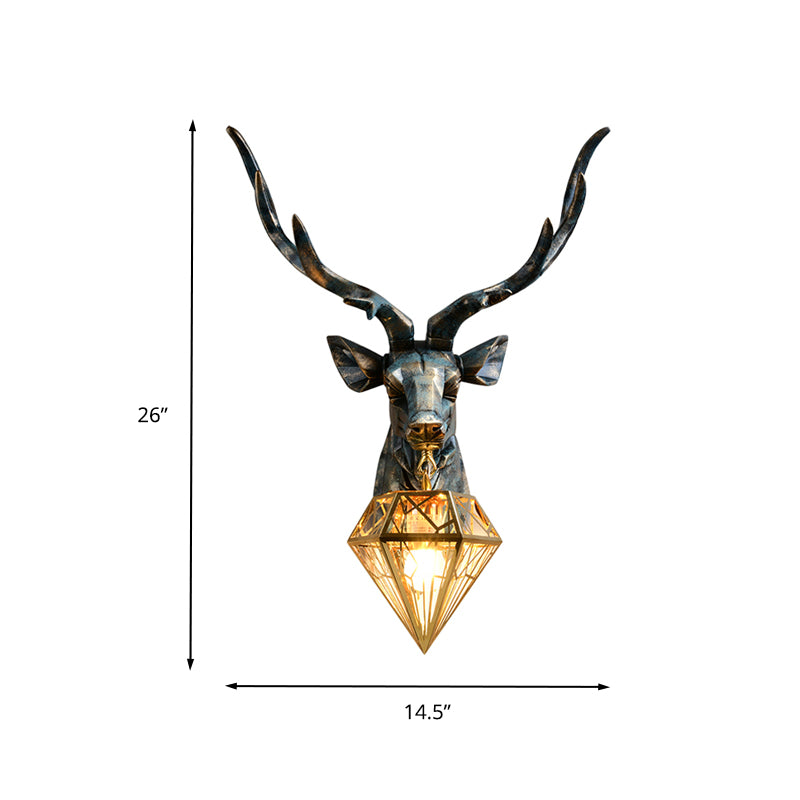 Resin Deer Wall Sconce Lighting Antique Style 1 Light Wall Light with Brass Diamond Shade, 14.5"/19.5" Wide