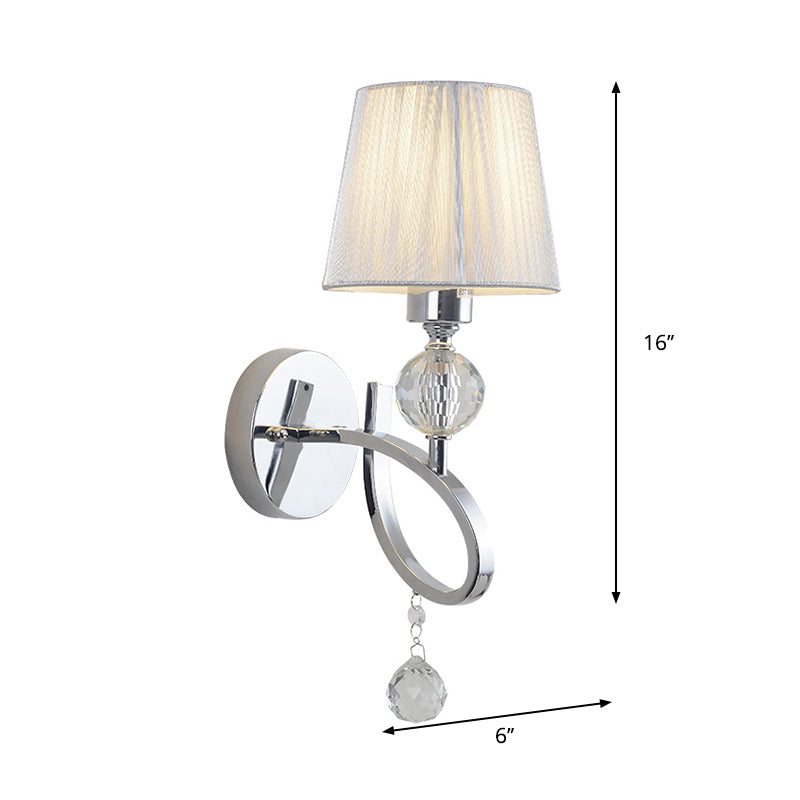 Cone Shade Bedroom Wall Light Fixture Fabric 1 Head Modernism Style Silver Wall Lamp with Clear Crystal Ball Deco