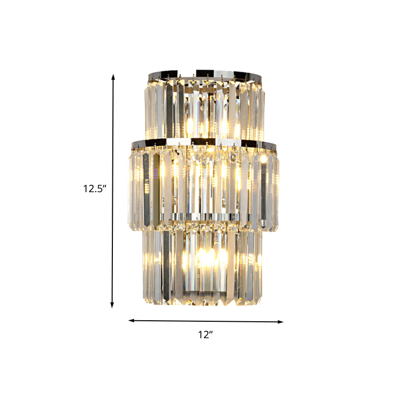 Crystal Block Cylinder Wall Mounted Light Contemporary 3 Lights Silver Sconce Light