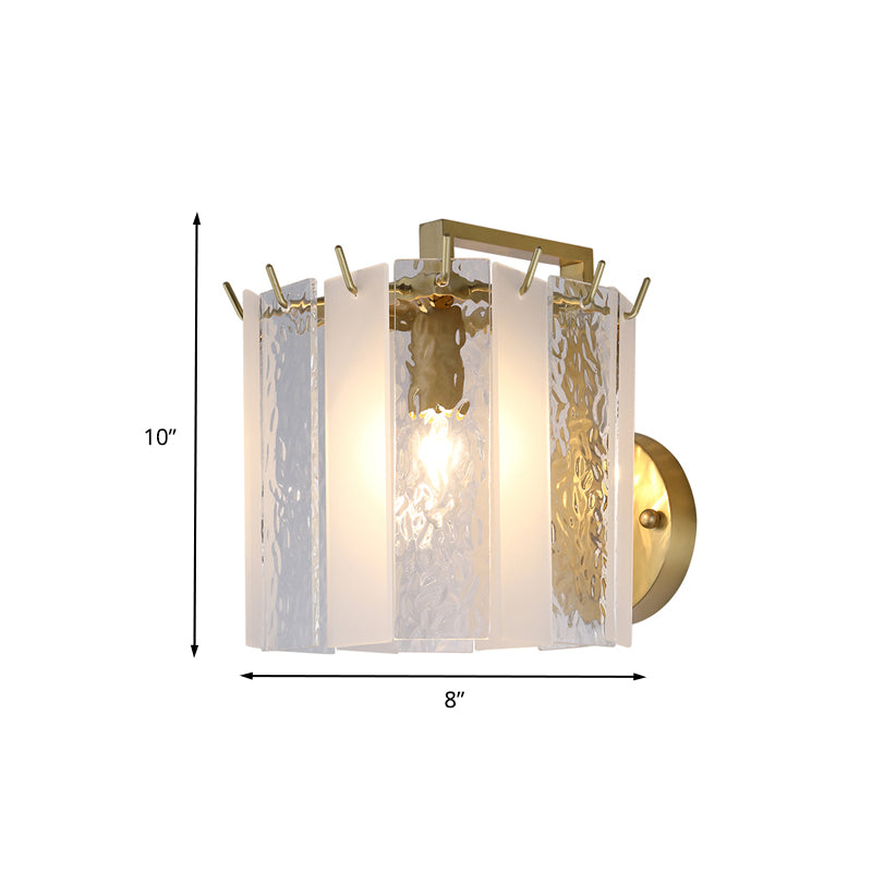 Drum Wall Sconce Light Contemporary Frosted Glass and Waterglass 1 Light Gold Wall Light Fixture