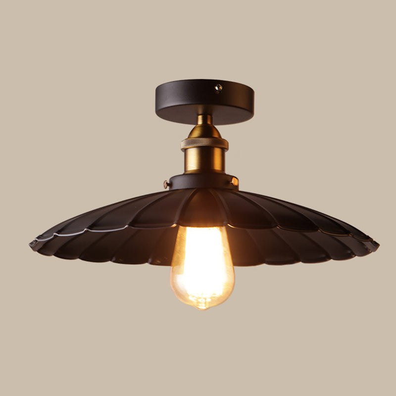 Metal Scalloped Shade Ceiling Mounted Light Industrial Restaurant Close To Ceiling Light in Black