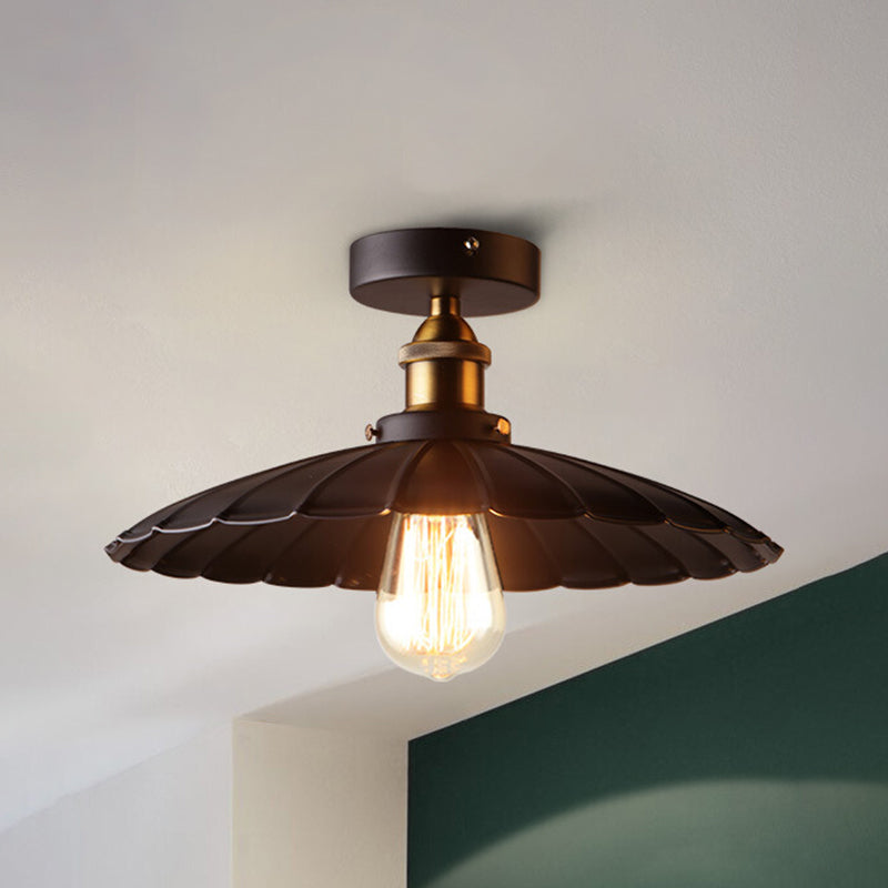 Metal Scalloped Shade Ceiling Mounted Light Industrial Restaurant Close To Ceiling Light in Black