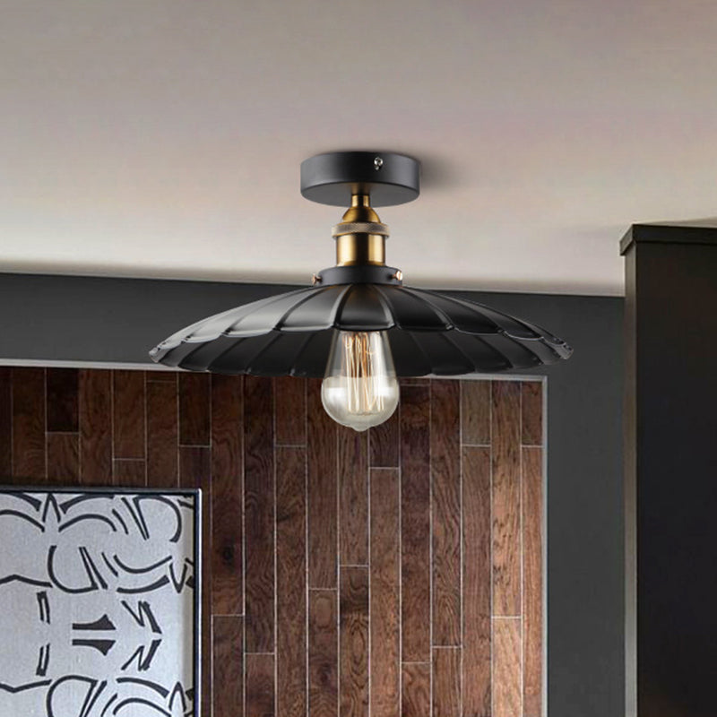 Metal Scalloped Shade Ceiling Mounted Light Industrial Restaurant Close To Ceiling Light in Black