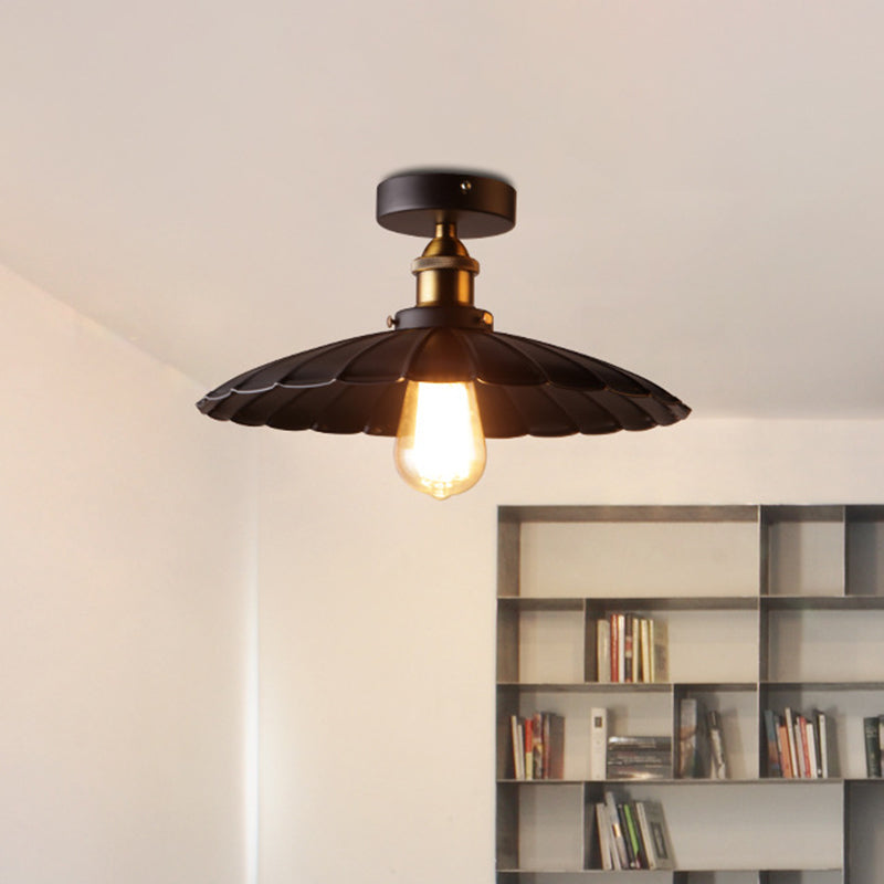 Metal Scalloped Shade Ceiling Mounted Light Industrial Restaurant Close To Ceiling Light in Black