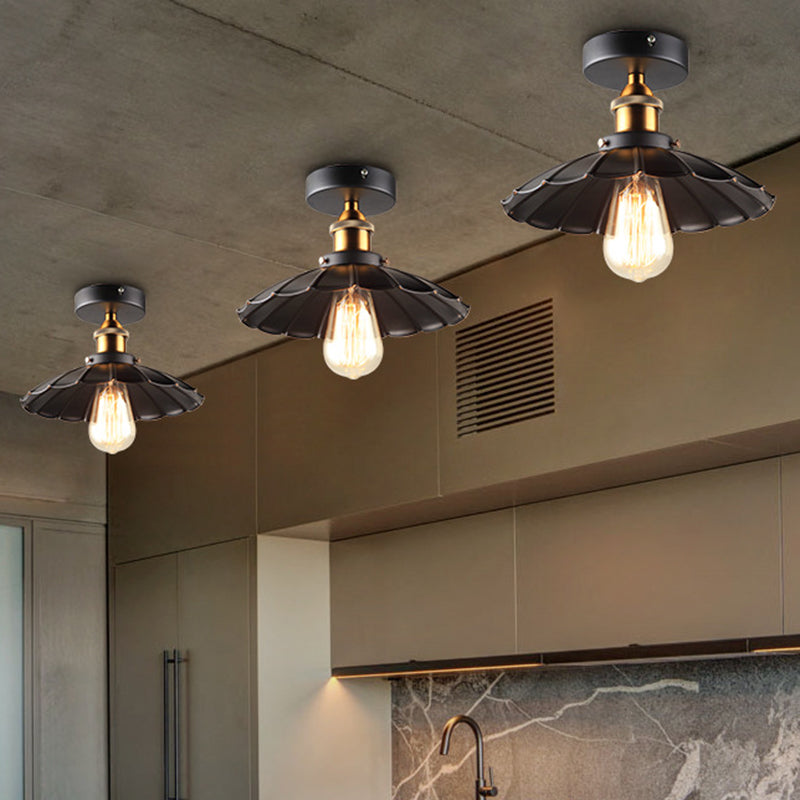 Metal Scalloped Shade Ceiling Mounted Light Industrial Restaurant Close To Ceiling Light in Black