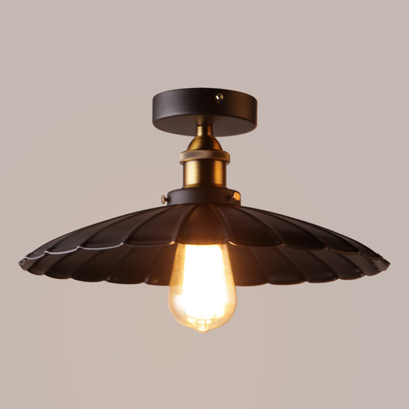 Metal Scalloped Shade Ceiling Mounted Light Industrial Restaurant Close To Ceiling Light in Black