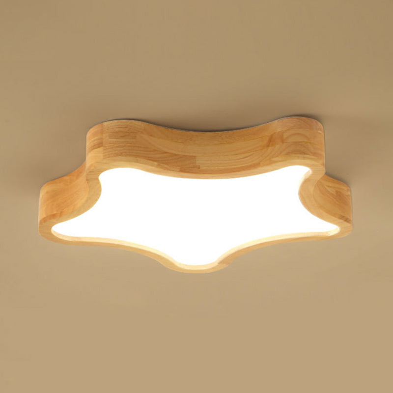 LED Bedroom Ceiling Flush Mount Light Contemporary Wood Close to Ceiling Lamp with Star Wooden Shade