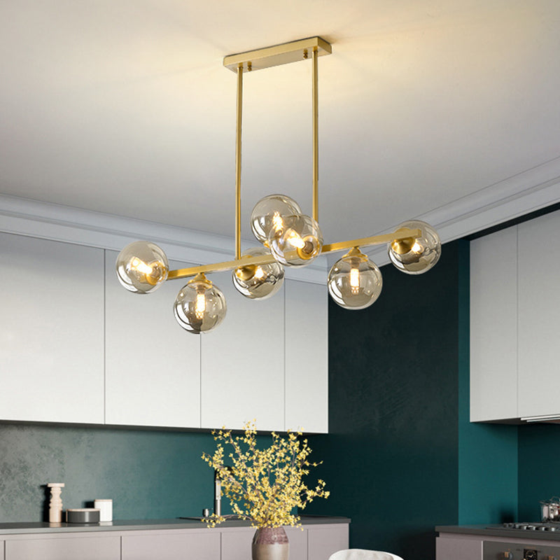 Mid-Century Modern Gold Metal Island Pendant Lighting Spherical Amber Glass Island Ceiling Light for Dining Table