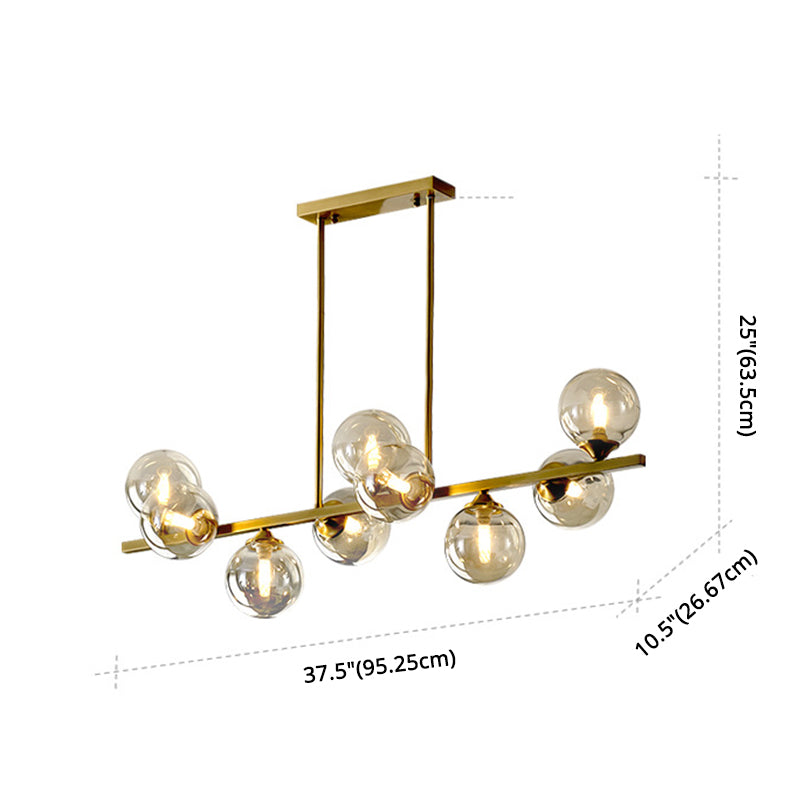 Mid-Century Modern Gold Metal Island Pendant Lighting Spherical Amber Glass Island Ceiling Light for Dining Table