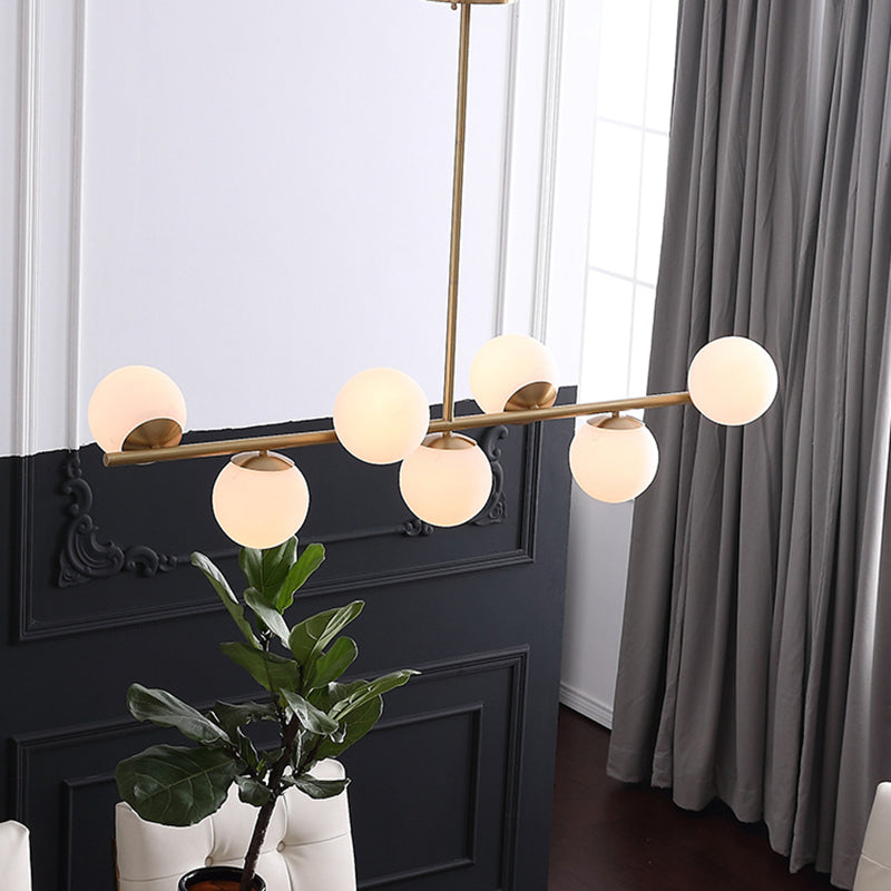 7 Light Modern Gold Metal Island Pendant Lighting Spherical White Glass Island Ceiling Light for Dining Table