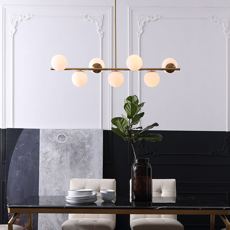 7 Light Modern Gold Metal Island Pendant Lighting Spherical White Glass Island Ceiling Light for Dining Table