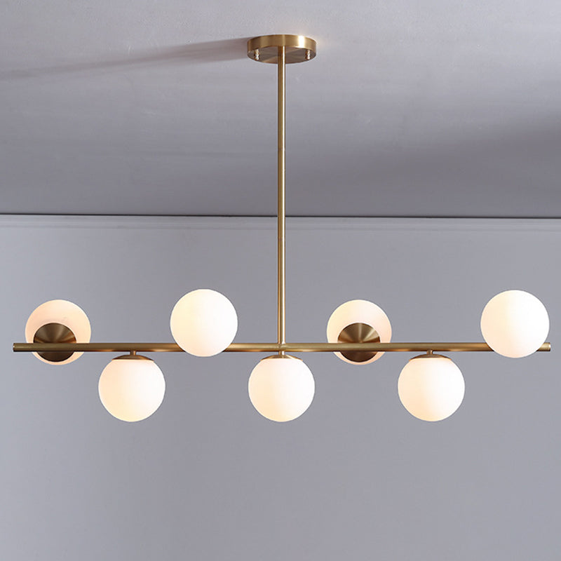 7 Light Modern Gold Metal Island Pendant Lighting Spherical White Glass Island Ceiling Light for Dining Table