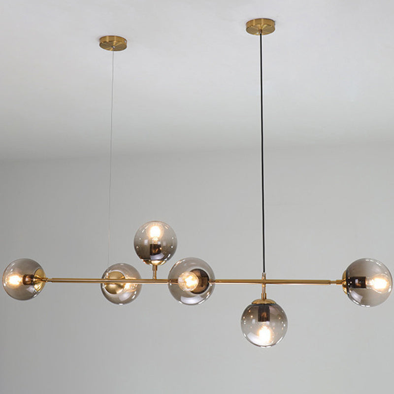 6 Light Modern Gold Metal Island Pendant Lighting Spherical Smoke Glass Island Ceiling Light for Dining Table