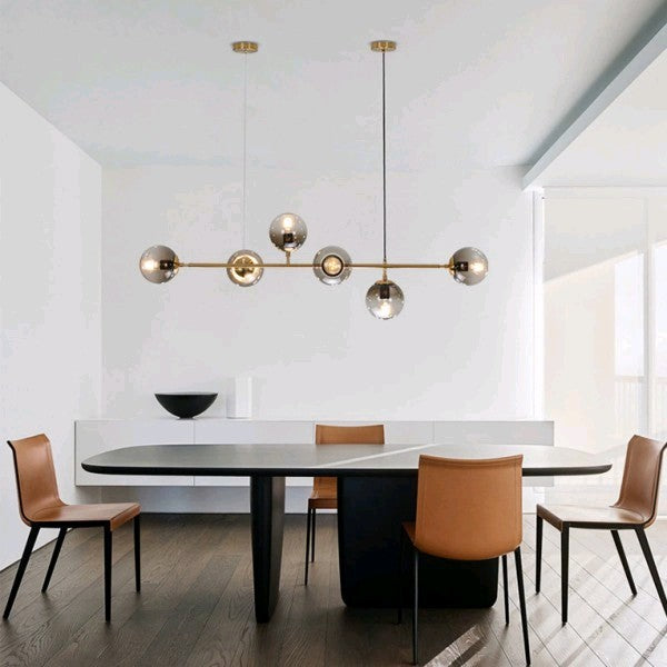 6 Light Modern Gold Metal Island Pendant Lighting Spherical Smoke Glass Island Ceiling Light for Dining Table