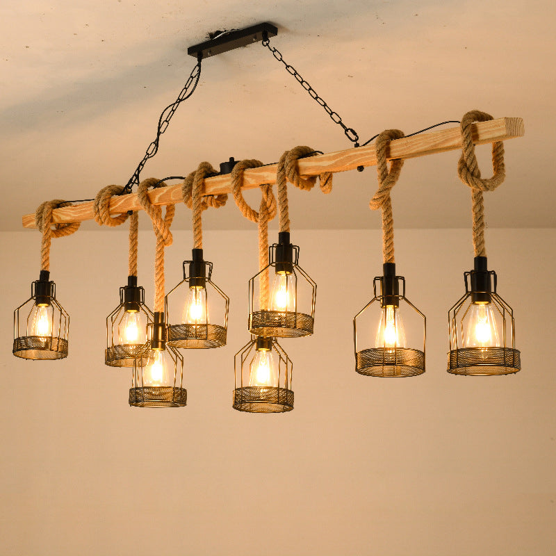 Vintage Hemp Rope Chandelier Indsutrial Retro Linear Wood Pendant with Wire Cage for Restaurant