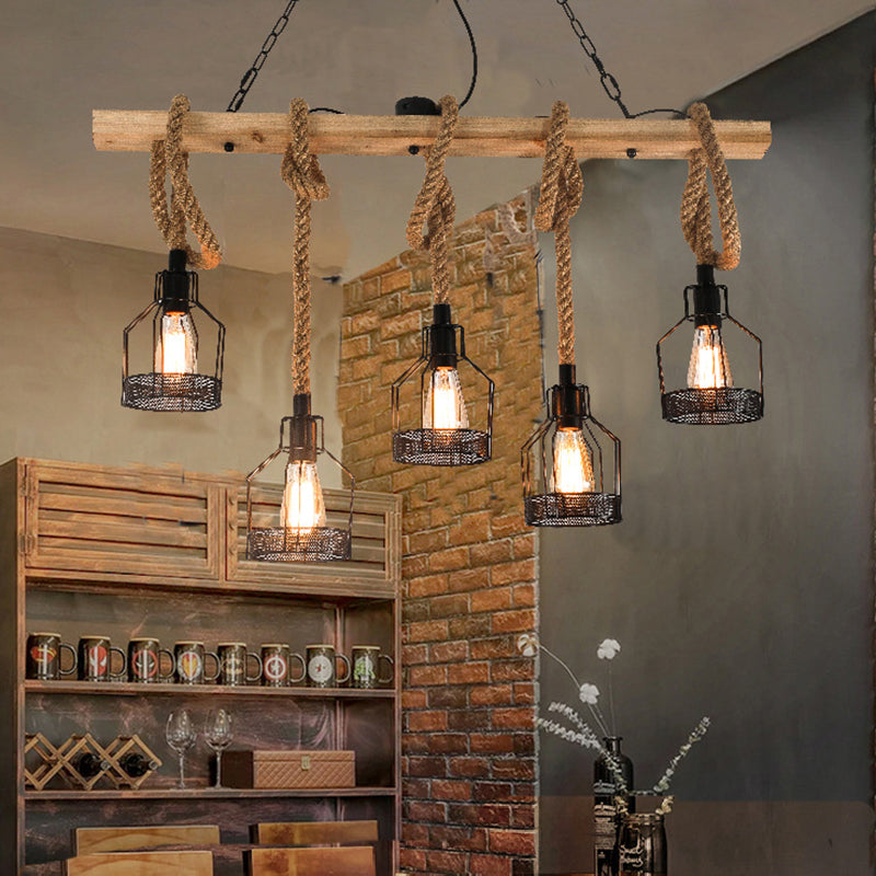 Vintage Hemp Rope Chandelier Indsutrial Retro Linear Wood Pendant with Wire Cage for Restaurant