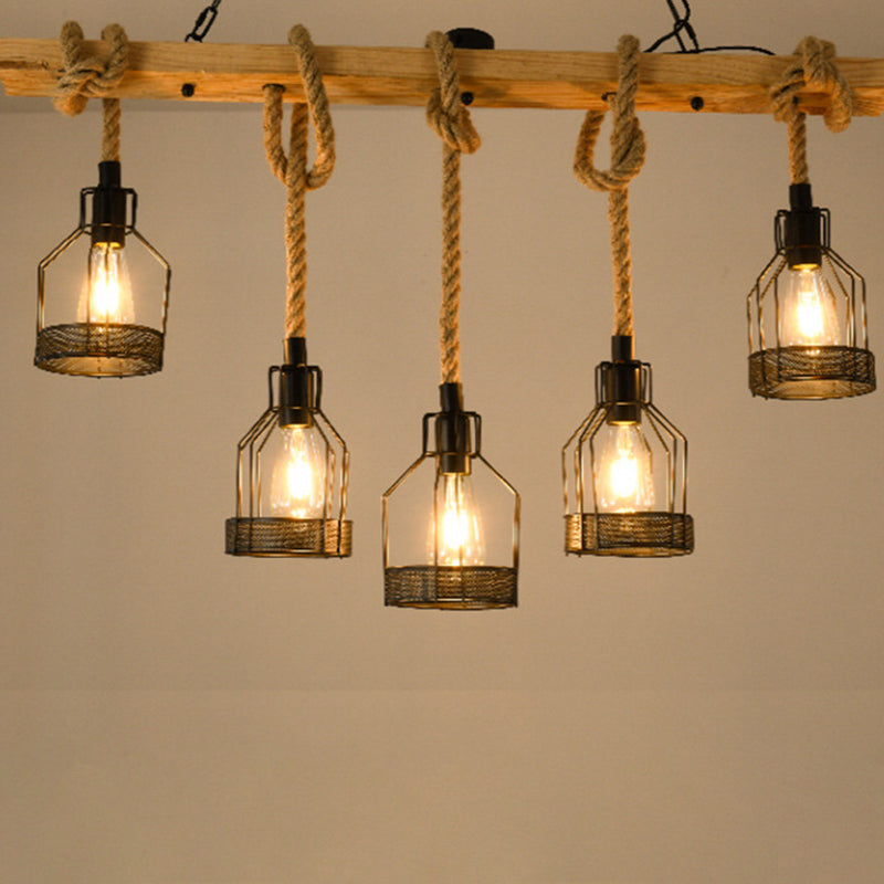Vintage Hemp Rope Chandelier Indsutrial Retro Linear Wood Pendant with Wire Cage for Restaurant