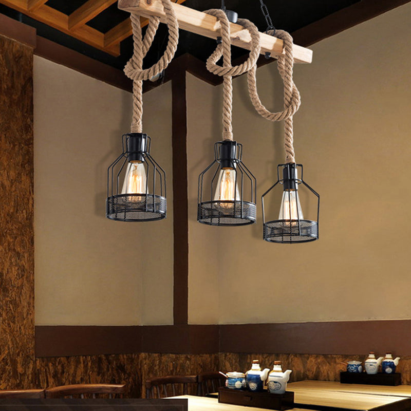 Vintage Hemp Rope Chandelier Indsutrial Retro Linear Wood Pendant with Wire Cage for Restaurant