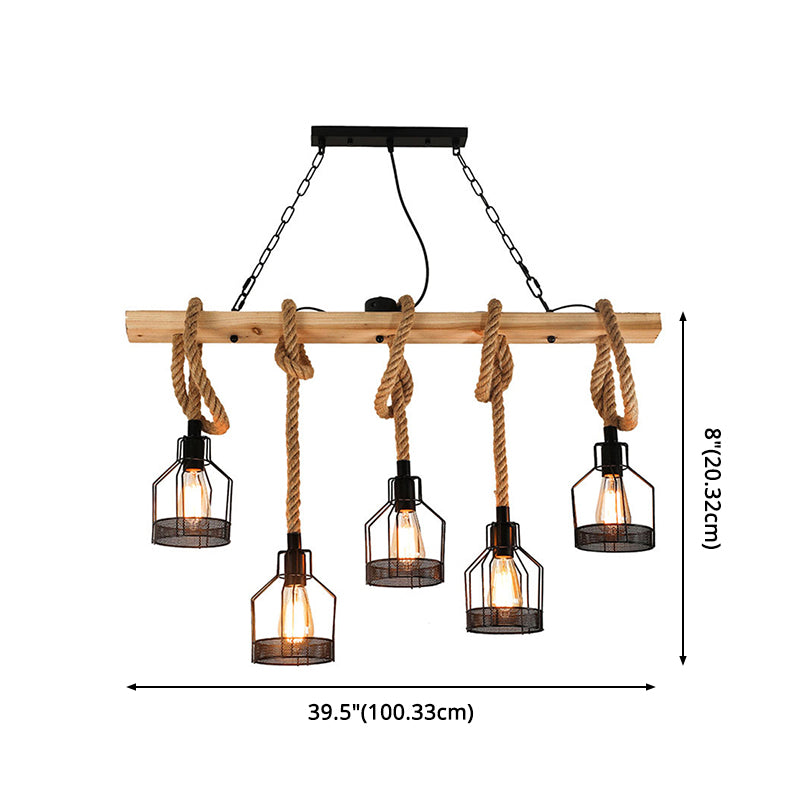 Vintage Hemp Rope Chandelier Indsutrial Retro Linear Wood Pendant with Wire Cage for Restaurant