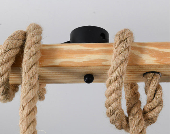 Vintage Hemp Rope Chandelier Indsutrial Retro Linear Wood Pendant with Wire Cage for Restaurant