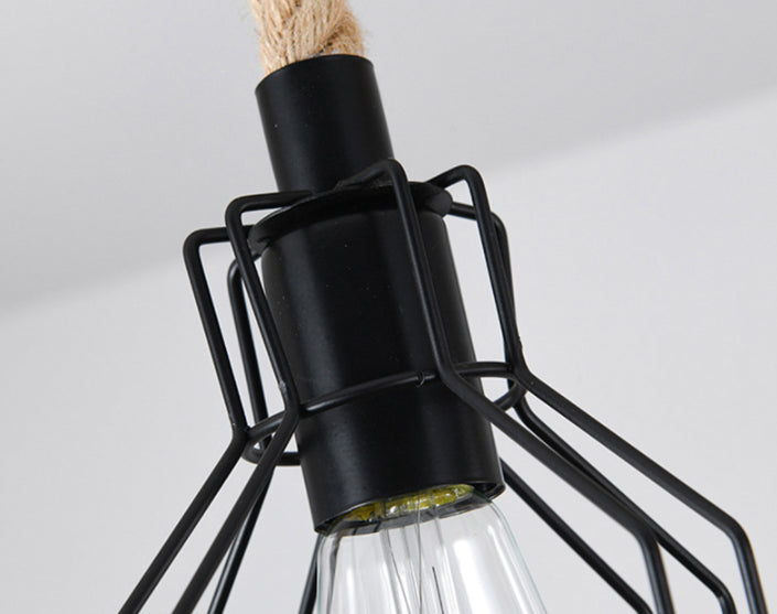 Vintage Hemp Rope Chandelier Indsutrial Retro Linear Wood Pendant with Wire Cage for Restaurant