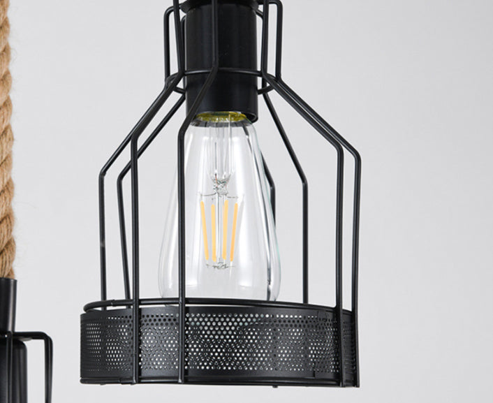 Vintage Hemp Rope Chandelier Indsutrial Retro Linear Wood Pendant with Wire Cage for Restaurant