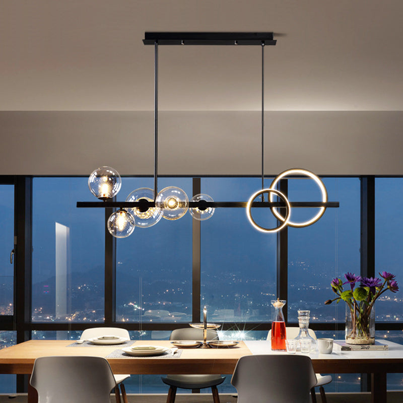 5 Light Modern Black Metal Island Pendant Lighting Spherical Glass Island Ceiling Light for Dining Table