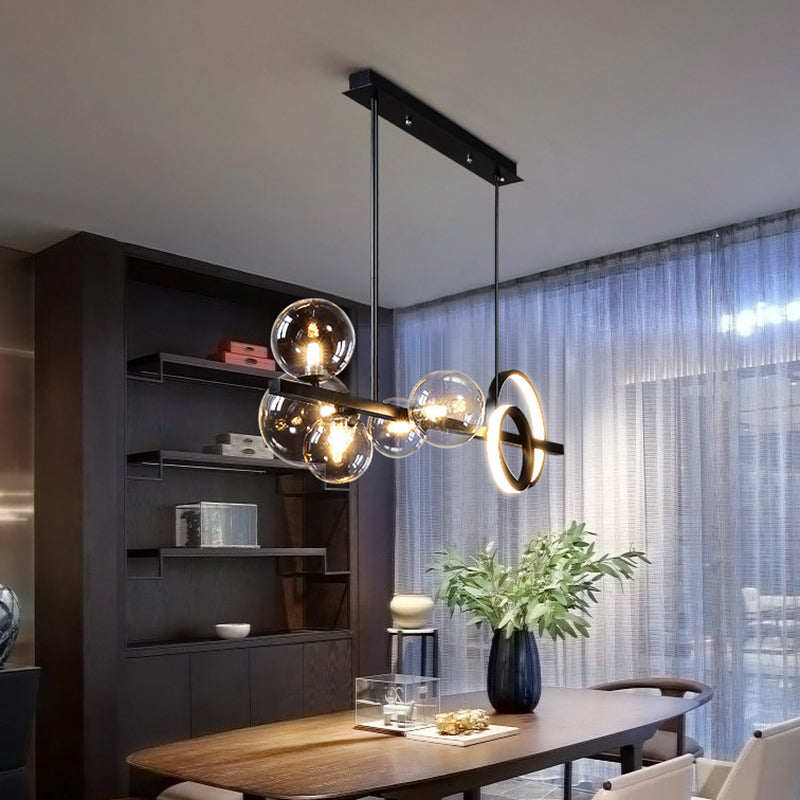 5 Light Modern Black Metal Island Pendant Lighting Spherical Glass Island Ceiling Light for Dining Table