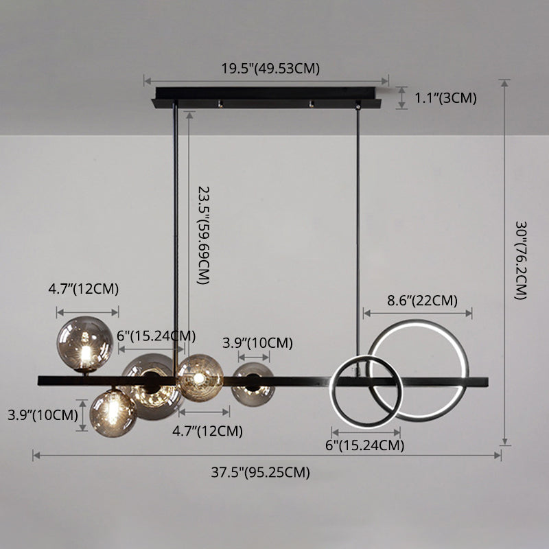 5 Light Modern Black Metal Island Pendant Lighting Spherical Glass Island Ceiling Light for Dining Table