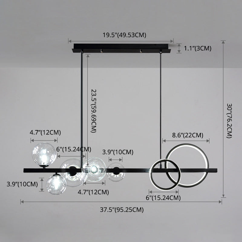 5 Light Modern Black Metal Island Pendant Lighting Spherical Glass Island Ceiling Light for Dining Table