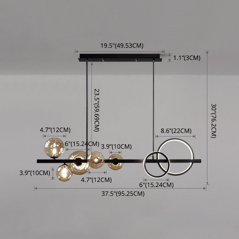 5 Light Modern Black Metal Island Pendant Lighting Spherical Glass Island Ceiling Light for Dining Table