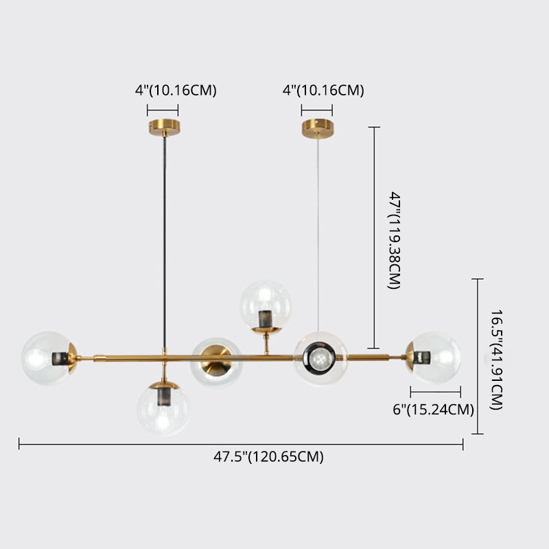 6 Leichte moderne Goldmetallinselheize Beleuchtung Kugelglas Island Deckenleuchte zum Esstisch