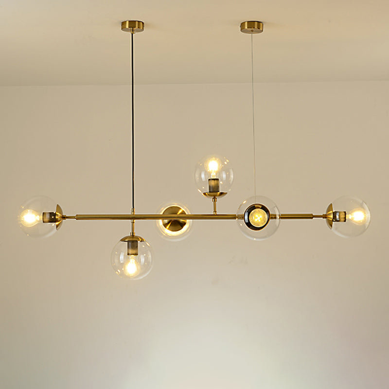 6 Leichte moderne Goldmetallinselheize Beleuchtung Kugelglas Island Deckenleuchte zum Esstisch
