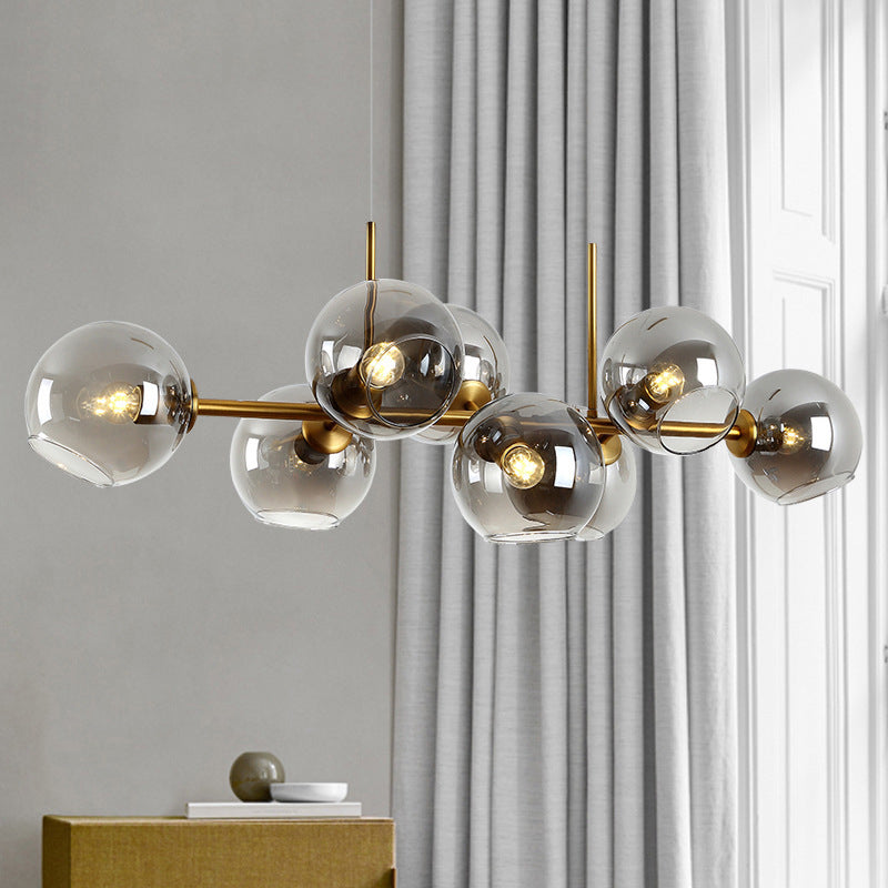 8 Light Mid-Century Gold Metal Island Pendant Lighting Spherical Glass Island Ceiling Light for Dining Table