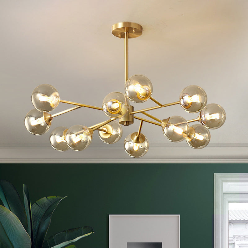 Post-Modern Metal Hanging Chandelier Light Amber Glass Shade Ceiling Chandelier in Gold for Bedroom