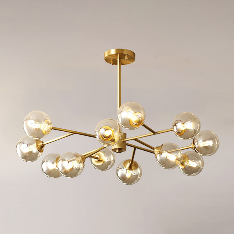 Post-Modern Metal Hanging Chandelier Light Amber Glass Shade Ceiling Chandelier in Gold for Bedroom