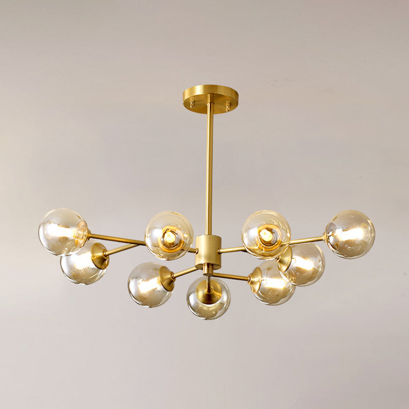 Post-Modern Metal Hanging Chandelier Light Amber Glass Shade Ceiling Chandelier in Gold for Bedroom