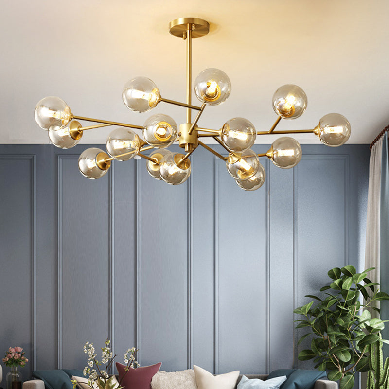 Post-Modern Metal Hanging Chandelier Light Amber Glass Shade Ceiling Chandelier in Gold for Bedroom