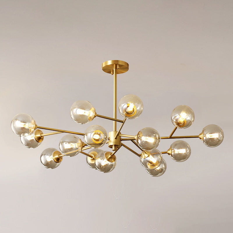 Post-Modern Metal Hanging Chandelier Light Amber Glass Shade Ceiling Chandelier in Gold for Bedroom