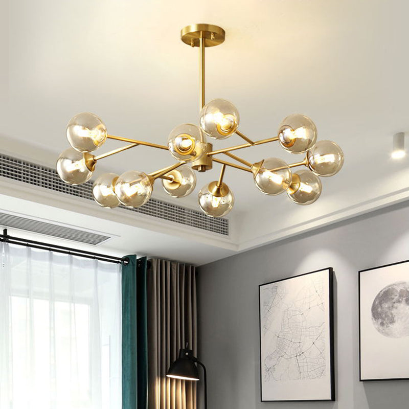Post-Modern Metal Hanging Chandelier Light Amber Glass Shade Ceiling Chandelier in Gold for Bedroom