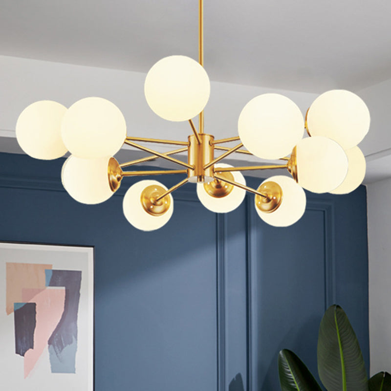 Post-Modern Metal Hanging Chandelier Light Opal Glass Shade Ceiling Chandelier in Gold for Bedroom
