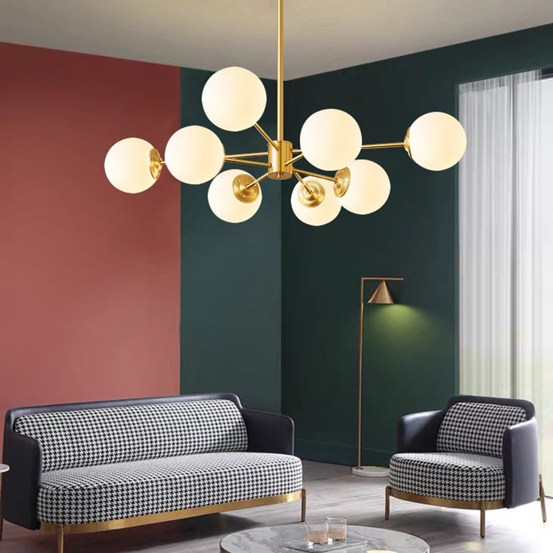 Post-Modern Metal Hanging Chandelier Light Opal Glass Shade Ceiling Chandelier in Gold for Bedroom